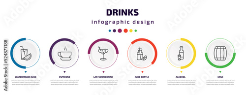 drinks infographic element with icons and 6 step or option. drinks icons such as watermelon juice, espresso, last word drink, juice bottle, alcohol, cask vector. can be used for banner, info graph,