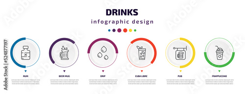 drinks infographic element with icons and 6 step or option. drinks icons such as rum, beer mug, drip, cuba libre, pub, frappuccino vector. can be used for banner, info graph, web, presentations.