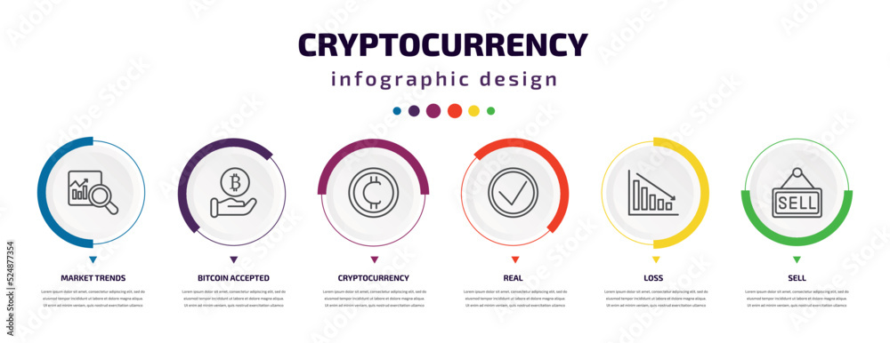 cryptocurrency infographic element with icons and 6 step or option. cryptocurrency icons such as market trends, bitcoin accepted, cryptocurrency, real, loss, sell vector. can be used for banner, cryptocurrency infographic element with icons and 6 step or option. cryptocurrency icons such as market trends, bitcoin accepted, cryptocurrency, real, loss, sell vector. can be used for banner,