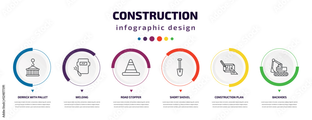 construction infographic element with icons and 6 step or option. construction icons such as derrick with pallet, welding, road stopper, short shovel, construction plan, backhoes vector. can be used construction infographic element with icons and 6 step or option. construction icons such as derrick with pallet, welding, road stopper, short shovel, construction plan, backhoes vector. can be used