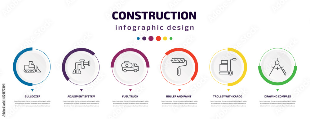 construction infographic element with icons and 6 step or option. construction icons such as bulldozer, adjusment system, fuel truck, roller and paint, trolley with cargo, drawing compass vector. construction infographic element with icons and 6 step or option. construction icons such as bulldozer, adjusment system, fuel truck, roller and paint, trolley with cargo, drawing compass vector.