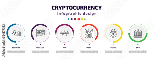 cryptocurrency infographic element with icons and 6 step or option. cryptocurrency icons such as economist, video card, won, profit, income, bank vector. can be used for banner, info graph, web,