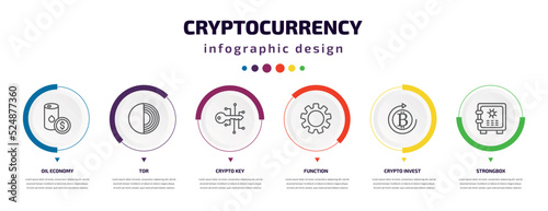 cryptocurrency infographic element with icons and 6 step or option. cryptocurrency icons such as oil economy, tor, crypto key, function, crypto invest, strongbox vector. can be used for banner, info