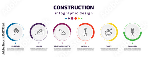 construction infographic element with icons and 6 step or option. construction icons such as sand brush, inclined, construction palette, interior de, pallete, pulley hook vector. can be used for