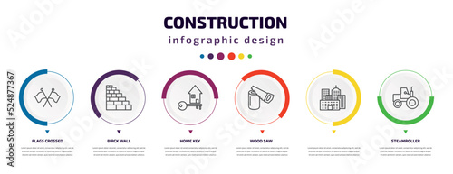 construction infographic element with icons and 6 step or option. construction icons such as flags crossed, birck wall, home key, wood saw, , steamroller vector. can be used for banner, info graph,