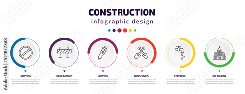 construction infographic element with icons and 6 step or option. construction icons such as stopping, road barrier, clippers, two shovels, stopcock, big building vector. can be used for banner,