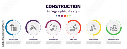 construction infographic element with icons and 6 step or option. construction icons such as constructions, screwdrivers, round wrench, demolition, double ladder, truck with crane vector. can be