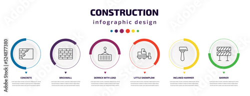 construction infographic element with icons and 6 step or option. construction icons such as concrete, brickwall, derrick with load, little snowplow, inclined hammer, barrier vector. can be used for