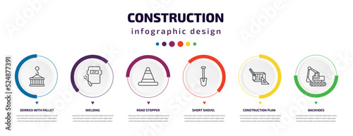 construction infographic element with icons and 6 step or option. construction icons such as derrick with pallet, welding, road stopper, short shovel, construction plan, backhoes vector. can be used