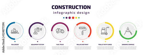 construction infographic element with icons and 6 step or option. construction icons such as bulldozer, adjusment system, fuel truck, roller and paint, trolley with cargo, drawing compass vector.