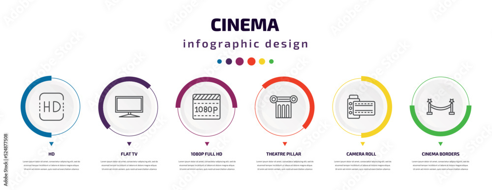 cinema infographic element with icons and 6 step or option. cinema icons such as hd, flat tv, 1080p full hd, theatre pillar, camera roll, cinema borders vector. can be used for banner, info graph, cinema infographic element with icons and 6 step or option. cinema icons such as hd, flat tv, 1080p full hd, theatre pillar, camera roll, cinema borders vector. can be used for banner, info graph,