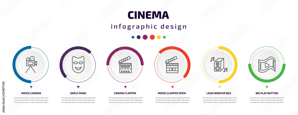 cinema infographic element with icons and 6 step or option. cinema icons such as movie camera, smile mask, cinema flapper, movie clapper open, loud woofer box, big play button vector. can be used cinema infographic element with icons and 6 step or option. cinema icons such as movie camera, smile mask, cinema flapper, movie clapper open, loud woofer box, big play button vector. can be used