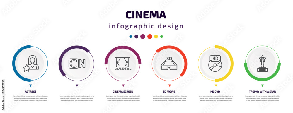 cinema infographic element with icons and 6 step or option. cinema icons such as actress, , cinema screen, 3d movie, hd dvd, trophy with a star vector. can be used for banner, info graph, web, cinema infographic element with icons and 6 step or option. cinema icons such as actress, , cinema screen, 3d movie, hd dvd, trophy with a star vector. can be used for banner, info graph, web,