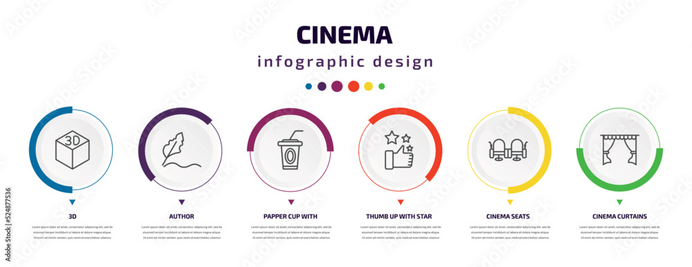 cinema infographic element with icons and 6 step or option. cinema icons such as 3d, author, papper cup with straw, thumb up with star, cinema seats, curtains vector. can be used for banner, info cinema infographic element with icons and 6 step or option. cinema icons such as 3d, author, papper cup with straw, thumb up with star, cinema seats, curtains vector. can be used for banner, info