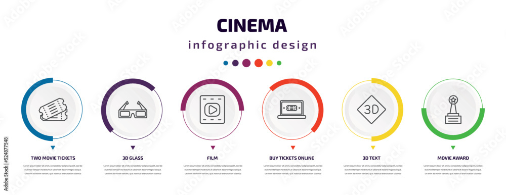 cinema infographic element with icons and 6 step or option. cinema icons such as two movie tickets, 3d glass, film, buy tickets online, 3d text, movie award vector. can be used for banner, info cinema infographic element with icons and 6 step or option. cinema icons such as two movie tickets, 3d glass, film, buy tickets online, 3d text, movie award vector. can be used for banner, info