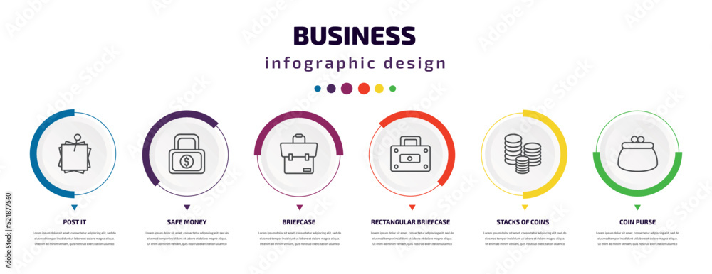 business infographic element with icons and 6 step or option. business icons such as post it, safe money, briefcase, rectangular briefcase, stacks of coins, coin purse vector. can be used for business infographic element with icons and 6 step or option. business icons such as post it, safe money, briefcase, rectangular briefcase, stacks of coins, coin purse vector. can be used for