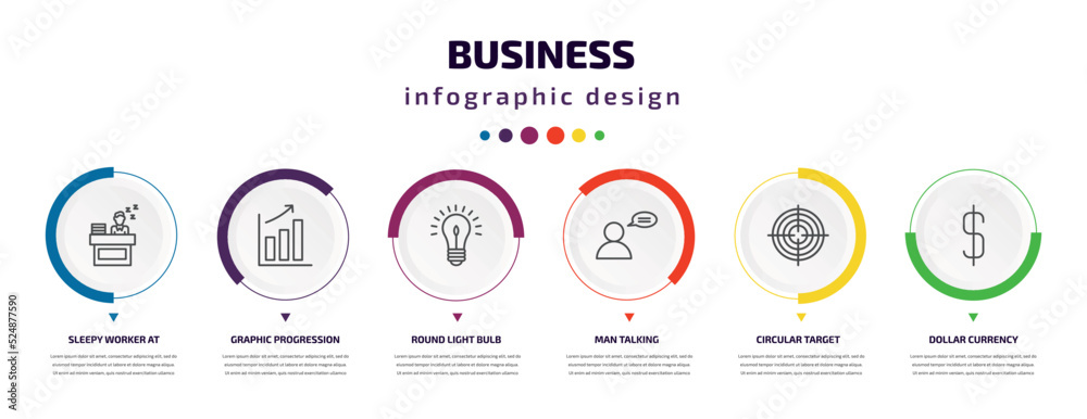 business infographic element with icons and 6 step or option. business icons such as sleepy worker at work, graphic progression, round light bulb, man talking, circular target, dollar currency business infographic element with icons and 6 step or option. business icons such as sleepy worker at work, graphic progression, round light bulb, man talking, circular target, dollar currency