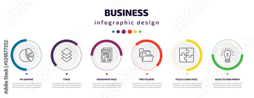 business infographic element with icons and 6 step or option. business icons such as pie graphic, stack, newspaper page, two folders, puzzle game piece, ideas to earn money vector. can be used for
