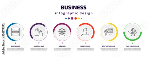 business infographic element with icons and 6 step or option. business icons such as basic burger, shopping bags, big wheel, rubber stamp, graphic panel and man, purpose of saving money vector. can