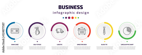 business infographic element with icons and 6 step or option. business icons such as bank card, golf sticks, logistic, director desk, black tie, circular pie chart vector. can be used for banner,