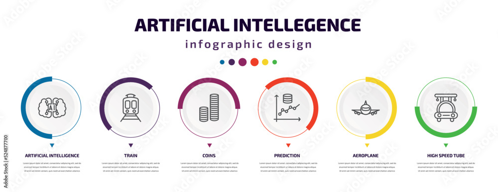 artificial intellegence infographic element with icons and 6 step or option. artificial intellegence icons such as artificial intelligence, train, coins, prediction, aeroplane, high speed tube artificial intellegence infographic element with icons and 6 step or option. artificial intellegence icons such as artificial intelligence, train, coins, prediction, aeroplane, high speed tube