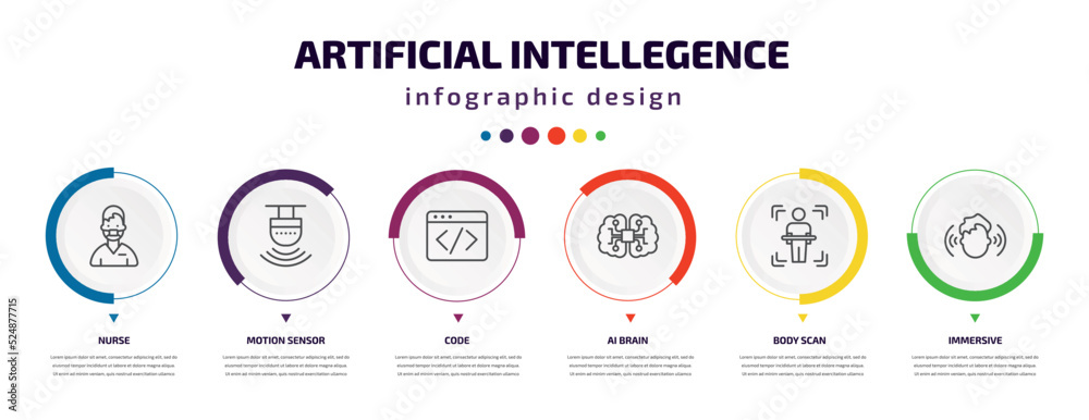 artificial intellegence infographic element with icons and 6 step or option. artificial intellegence icons such as nurse, motion sensor, code, ai brain, body scan, immersive vector. can be used for artificial intellegence infographic element with icons and 6 step or option. artificial intellegence icons such as nurse, motion sensor, code, ai brain, body scan, immersive vector. can be used for