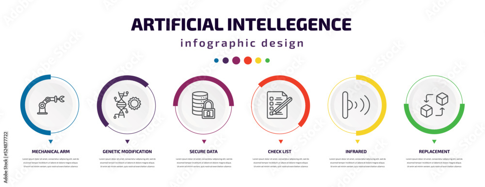 artificial intellegence infographic element with icons and 6 step or option. artificial intellegence icons such as mechanical arm, genetic modification, secure data, check list, infrared, artificial intellegence infographic element with icons and 6 step or option. artificial intellegence icons such as mechanical arm, genetic modification, secure data, check list, infrared,