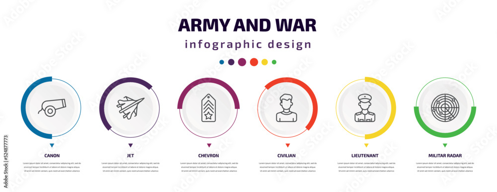 army and war infographic element with icons and 6 step or option. army and war icons such as canon, jet, chevron, civilian, lieutenant, militar radar vector. can be used for banner, info graph, web, army and war infographic element with icons and 6 step or option. army and war icons such as canon, jet, chevron, civilian, lieutenant, militar radar vector. can be used for banner, info graph, web,