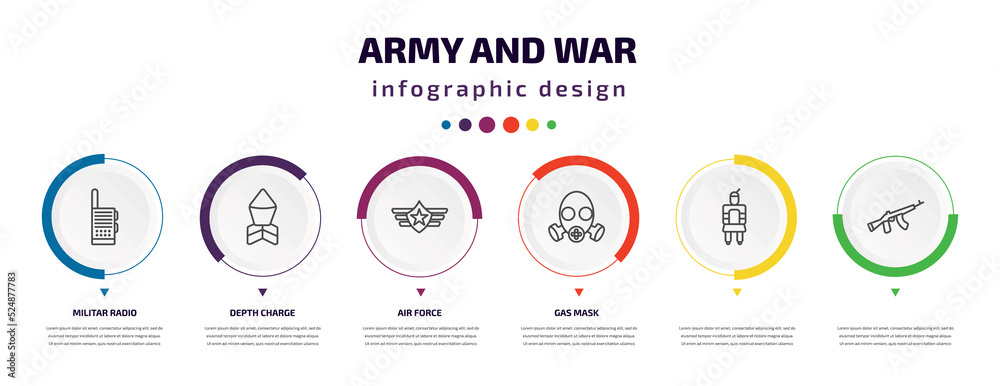 army and war infographic element with icons and 6 step or option. army and war icons such as militar radio, depth charge, air force, gas mask, , vector. can be used for banner, info graph, web, army and war infographic element with icons and 6 step or option. army and war icons such as militar radio, depth charge, air force, gas mask, , vector. can be used for banner, info graph, web,