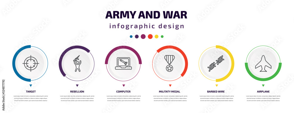 army and war infographic element with icons and 6 step or option. army and war icons such as target, rebellion, computer, militaty medal, barbed wire, airplane vector. can be used for banner, info army and war infographic element with icons and 6 step or option. army and war icons such as target, rebellion, computer, militaty medal, barbed wire, airplane vector. can be used for banner, info