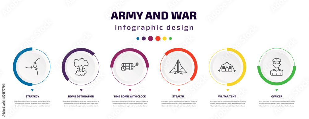 army and war infographic element with icons and 6 step or option. army and war icons such as strategy, bomb detonation, time bomb with clock, stealth, militar tent, officer vector. can be used for army and war infographic element with icons and 6 step or option. army and war icons such as strategy, bomb detonation, time bomb with clock, stealth, militar tent, officer vector. can be used for