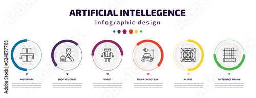 artificial intellegence infographic element with icons and 6 step or option. artificial intellegence icons such as motorway, shop assistant, robot, solar energy car, ai grid, difference engine