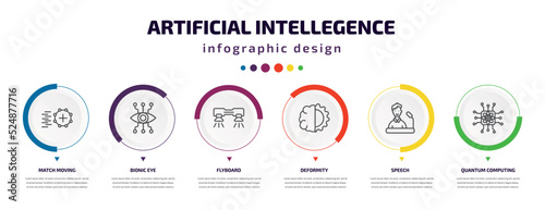 artificial intellegence infographic element with icons and 6 step or option. artificial intellegence icons such as match moving, bionic eye, flyboard, deformity, speech, quantum computing vector.
