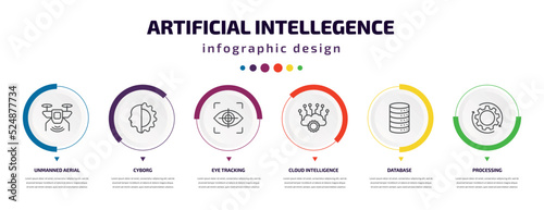 artificial intellegence infographic element with icons and 6 step or option. artificial intellegence icons such as unmanned aerial vehicle, cyborg, eye tracking, cloud intelligence, database,