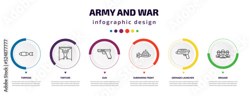 army and war infographic element with icons and 6 step or option. army and war icons such as torpedo, torture, gun, submarine front view, grenade launcher, brigade vector. can be used for banner,