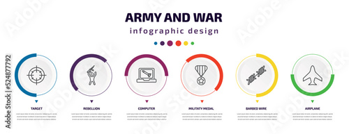 army and war infographic element with icons and 6 step or option. army and war icons such as target, rebellion, computer, militaty medal, barbed wire, airplane vector. can be used for banner, info