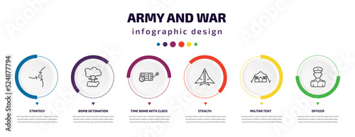 army and war infographic element with icons and 6 step or option. army and war icons such as strategy, bomb detonation, time bomb with clock, stealth, militar tent, officer vector. can be used for