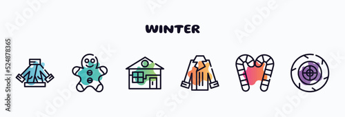 winter outline icons set. thin line icons such as fur coat, gingerbread man, winter cabin, coat, candy cane, winter tire icon collection. can be used web and mobile.