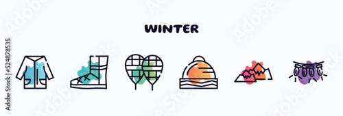winter outline icons set. thin line icons such as winter clothes, winter boots, snowshoes, cap, snowy mountain, lights icon collection. can be used web and mobile.