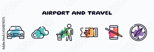 airport and travel outline icons set. thin line icons such as front car, null, use bin, flight ticket, no mobile phones allowed, compass with white face icon collection. can be used web and mobile.