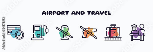airport and travel outline icons set. thin line icons such as credit cards accepted, gas station, no drinks, no guns, baggage claim, airport check in icon collection. can be used web and mobile.