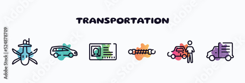 transportation outline icons set. thin line icons such as military helicopter bottom view, station wagon, driving pass, damper, authorized dealer, mini truck icon collection. can be used web and