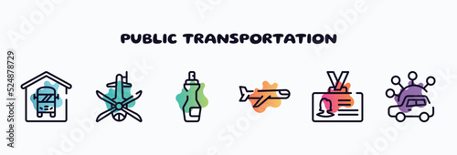 public transportation outline icons set. thin line icons such as bus depot, helicopter black shape top view, insect repellent, airplane, identity card, carsharing icon collection. can be used web