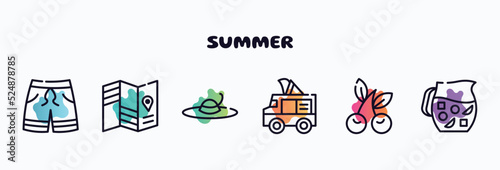 summer outline icons set. thin line icons such as swimming trunks, travel guide, summer hat, ice cream van, cherries, sangria icon collection. can be used web and mobile.
