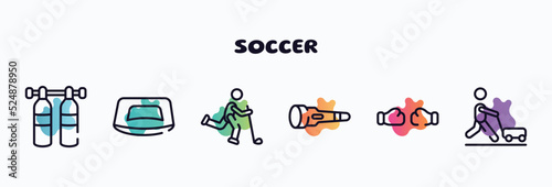 soccer outline icons set. thin line icons such as gas cilinder, push up, bowman, dive light, punching, farming and gardening icon collection. can be used web and mobile.