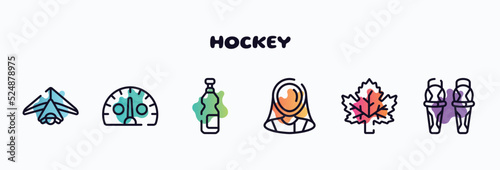 hockey outline icons set. thin line icons such as hang gliding, kmh, isotonic, fencer, m leaf, shin icon collection. can be used web and mobile.