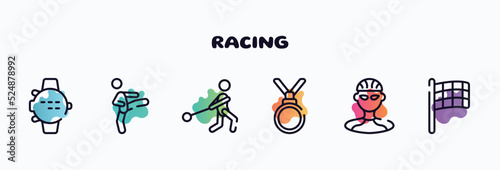 racing outline icons set. thin line icons such as dive computer, kicking, hammer throwing, nobel prize, cyclist, black flagged icon collection. can be used web and mobile.