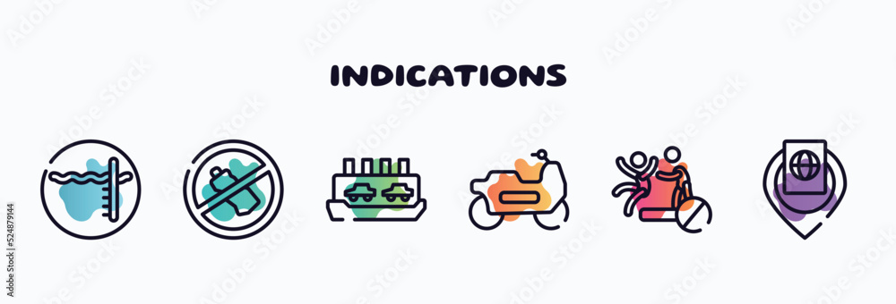 indications outline icons set. thin line icons such as pool depth, no littering, ferry carrying cars, motorbike riding, no pushing, inmigration check point icon collection. can be used web and