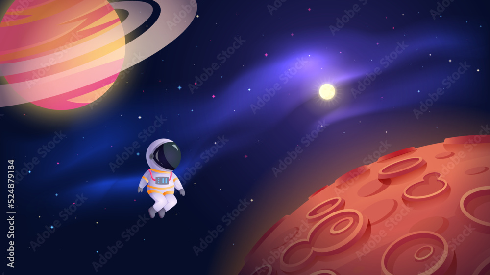 Astronaut in martian orbit, discovering outerspace. Colorful cartoon planets and deep space. Vector Illustration.