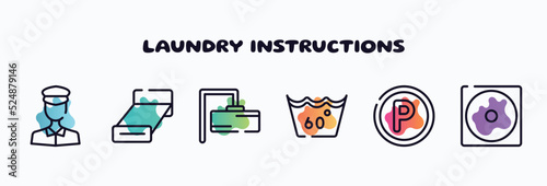 laundry instructions outline icons set. thin line icons such as policeman figure, bed 3d view, rectangular, 60 degree laundry, p inside a circle, dry low heat icon collection. can be used web and